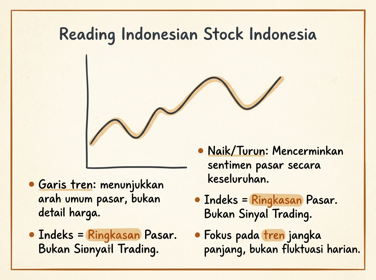 Ilustrasi indeks saham Indonesia berupa garis pergerakan sederhana pada papan bacaan