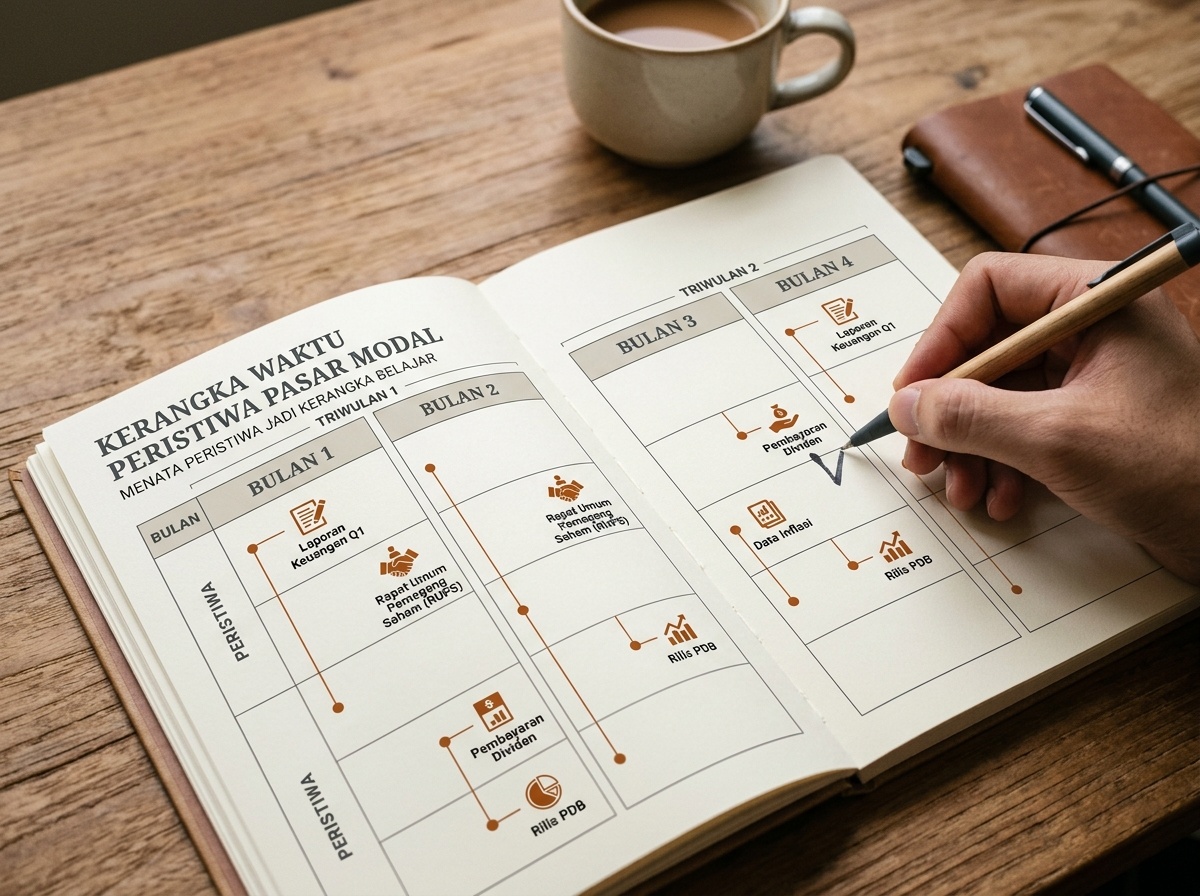 Ilustrasi kalender peristiwa pasar modal edukatif dengan penanda bulanan