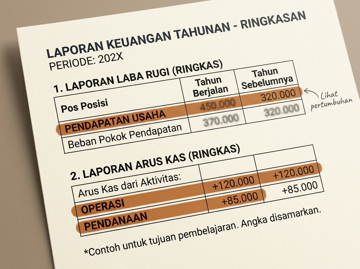 Ilustrasi laporan keuangan emiten dengan penanda pada baris pendapatan dan arus kas