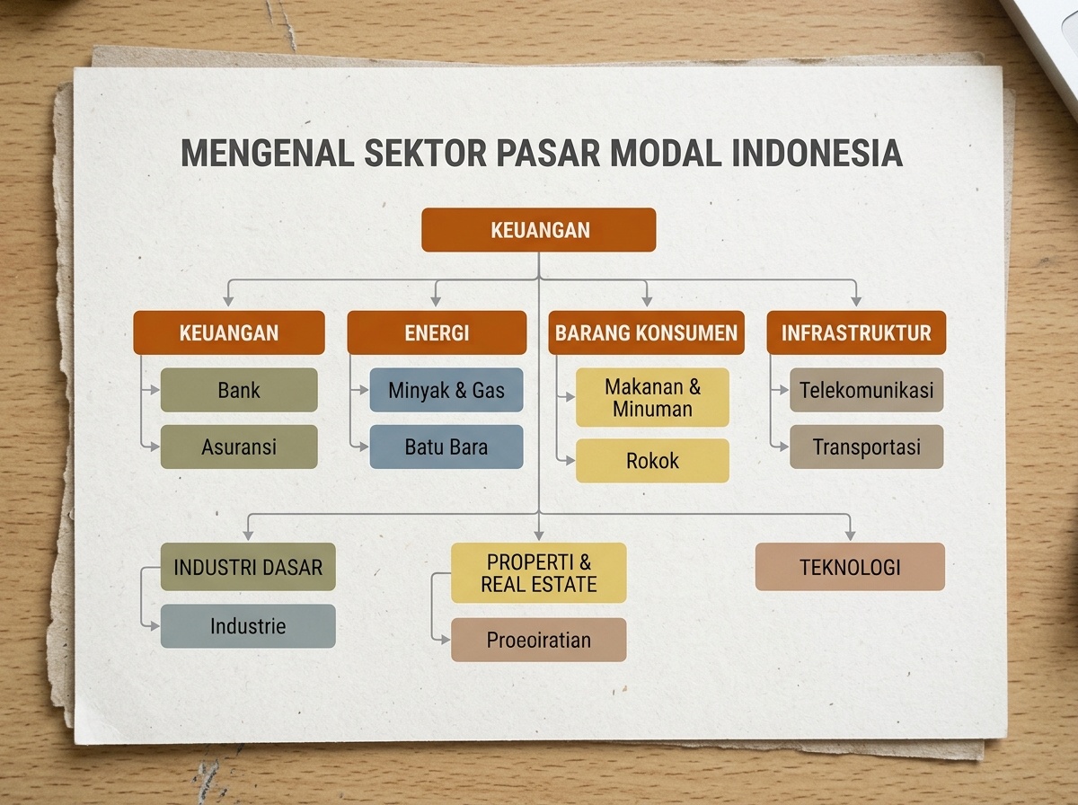 Ilustrasi peta sektor pasar modal dengan kelompok industri berbeda warna